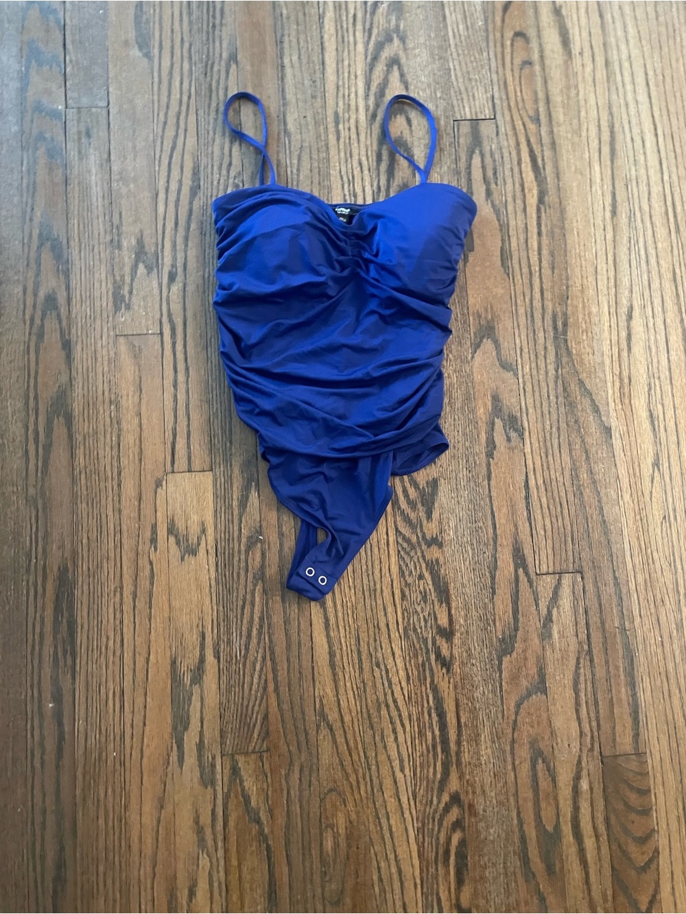 Express Blue Solid Ruched bodsuit, Spaghetti Straps, Size S